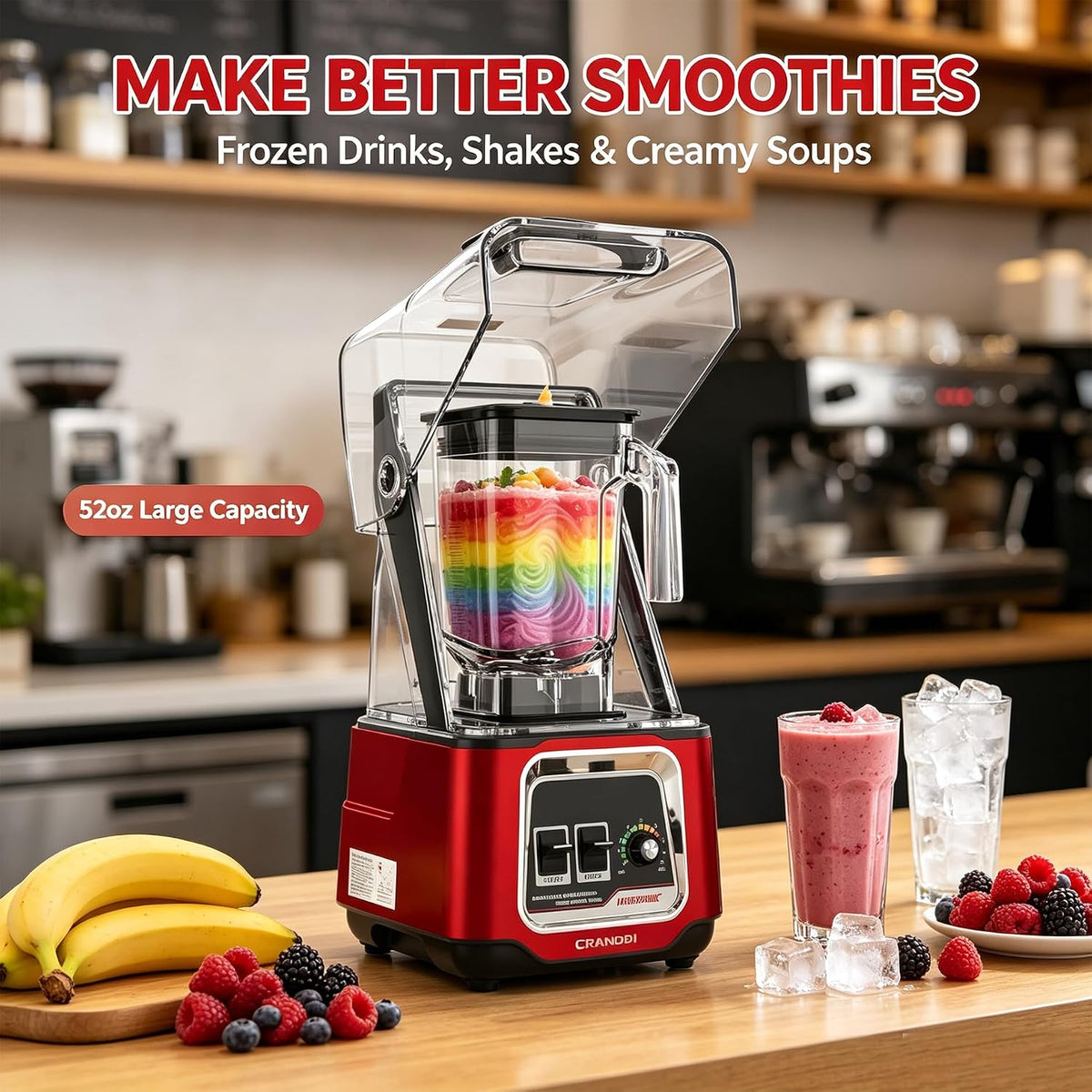 Commercial Blender, 2200W Countertop Blenders with Removable Shield, Quiet Smoothie Blender for Shakes and Ice