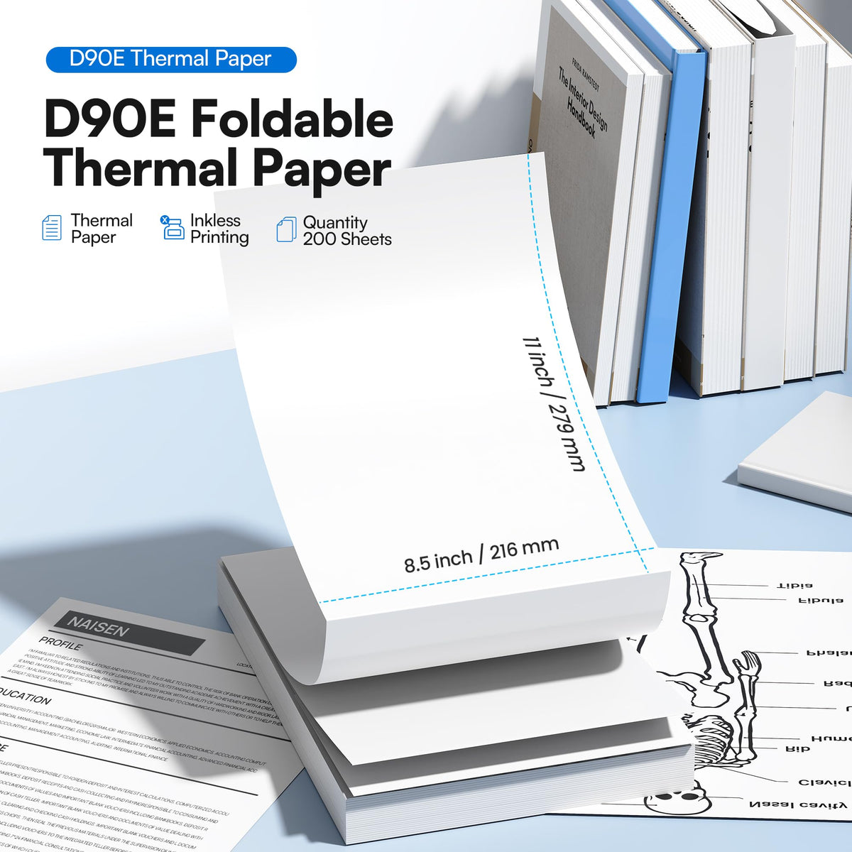 D90E Thermal Printer 8.5 x 11 Inch Folding Thermal Paper, 200 Sheets