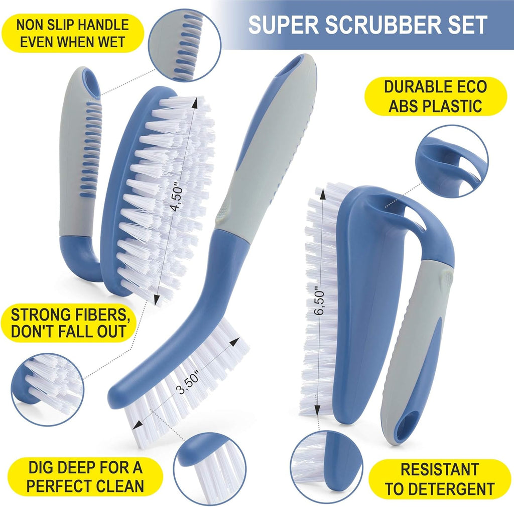 Scrub Brush Set of 3pcs - Cleaning Shower Scrubber with Ergonomic Handle and Durable Bristles - Grout Cleaner Brush