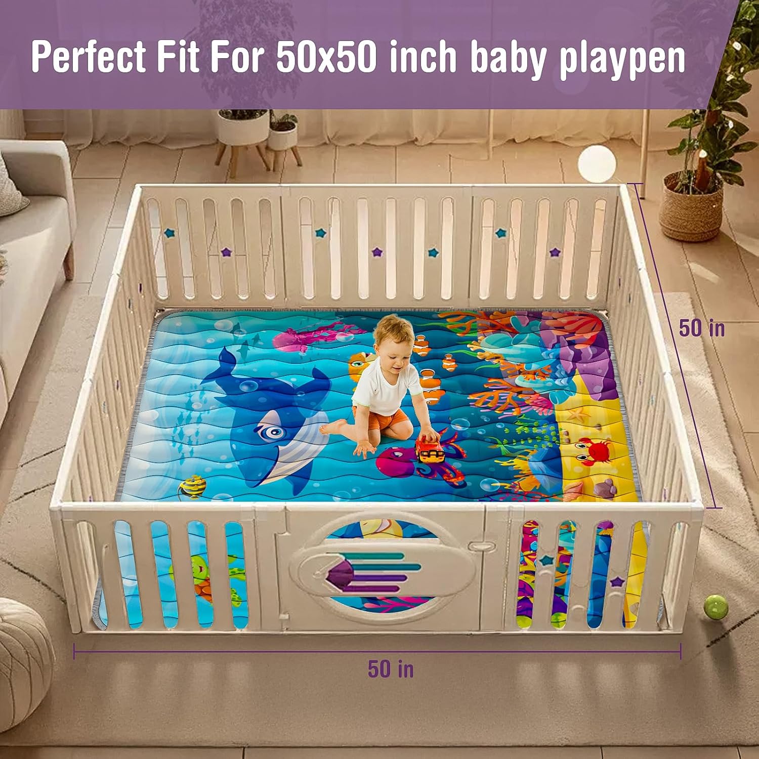 Baby Play Mat, 50x50 Thickened Playpen Mat, Waterproof & Non-Slip, Foldable Play Mat for Floor, Machine Washable