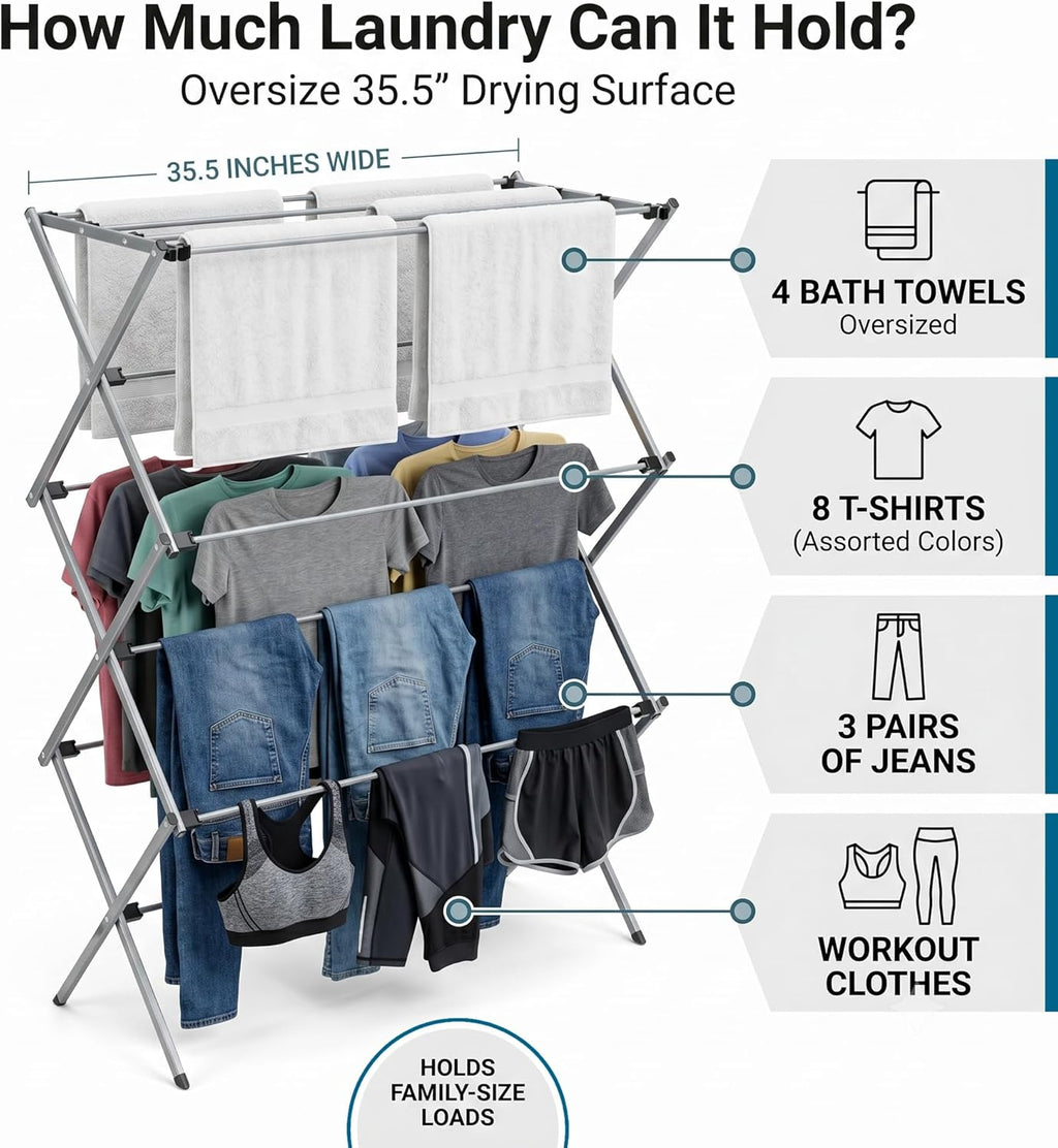Oversized Collapsible Clothes Drying Rack, 35", 50 lb, Grey | Oversized 35" x 45" steel rack holds 50 lb and folds