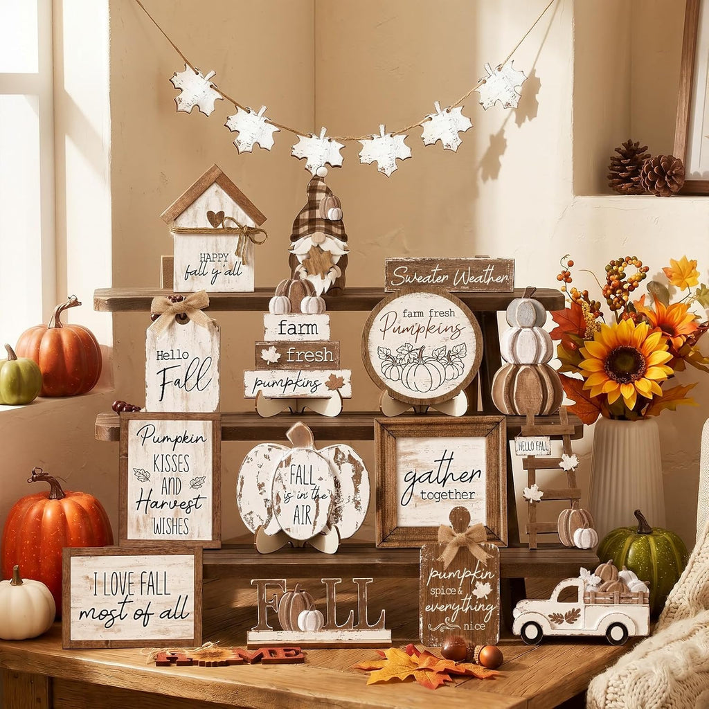 21 Pcs Fall Tiered Tray Decor Set, Rustic Farmhouse Thanksgiving Whitewashed Wooden Signs Gnome Truck Pumpkin Wood
