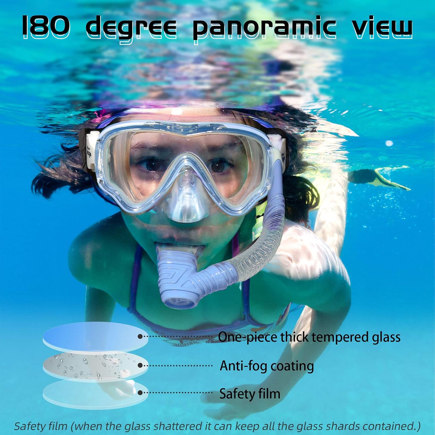 Kids Swim Goggles Snorkel Diving Mask for Youth(5-15), Anti-Fog 180° Clear View