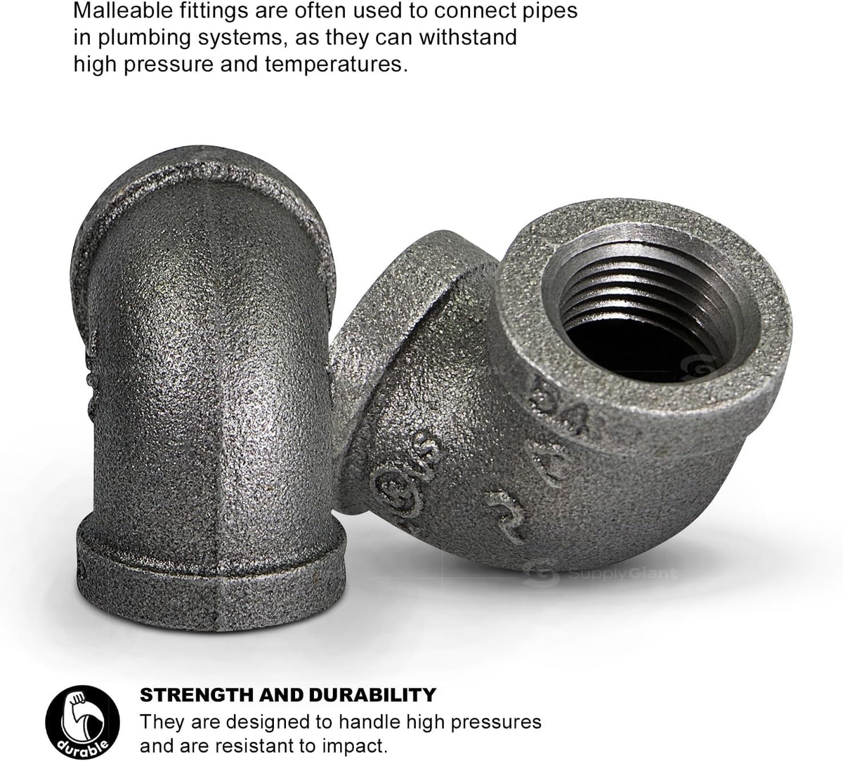 Supply Giant CNOM0034 3/4 in. 90 Degree Malleable Iron Elbow Fitting for High Pressures with Female Thread Connects and Black Finish
