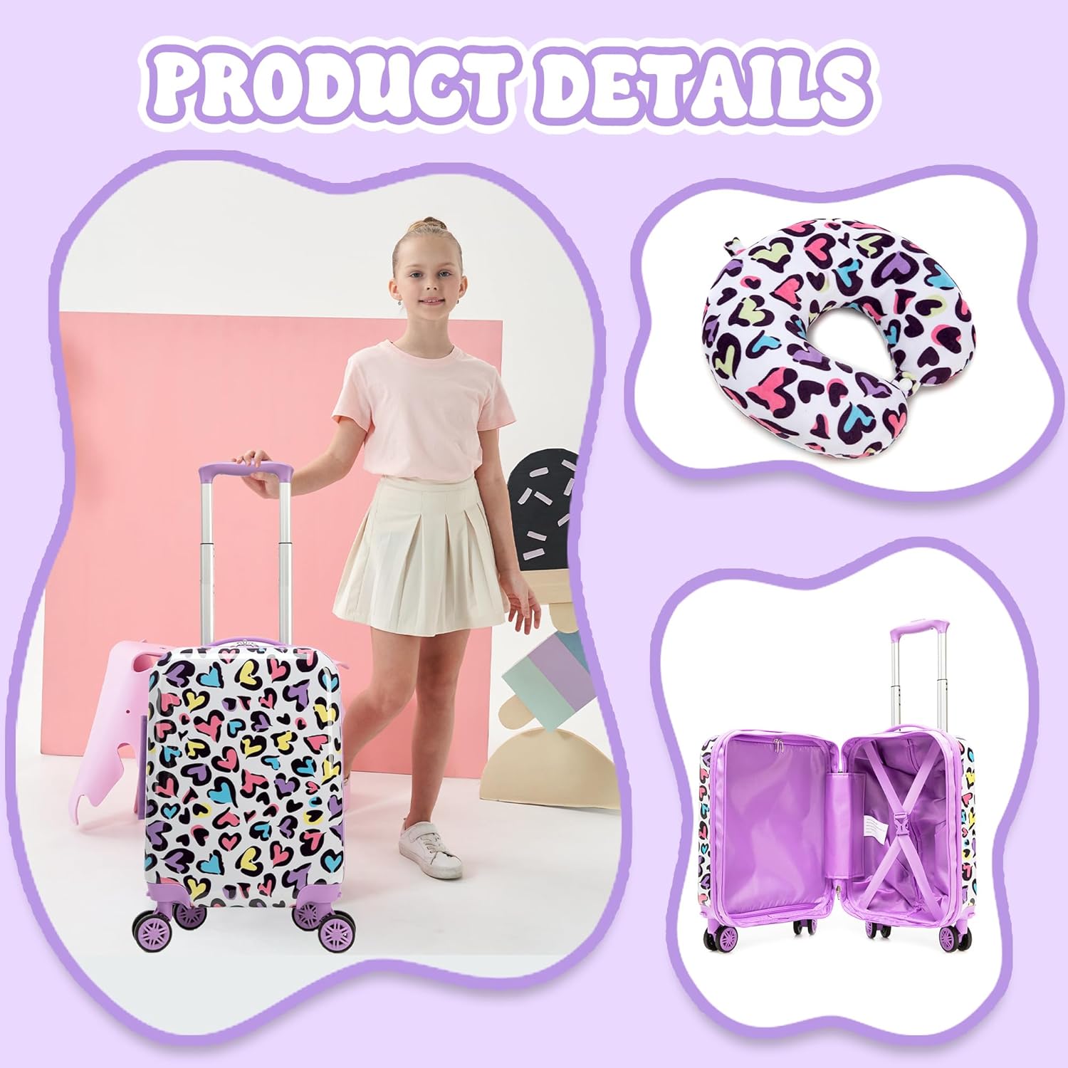 Kid's Luggage Set 2 Piece Suitcase Set Hardside Luggage with Spinner Wheels Girls Carry on Toddler Travel Rolling