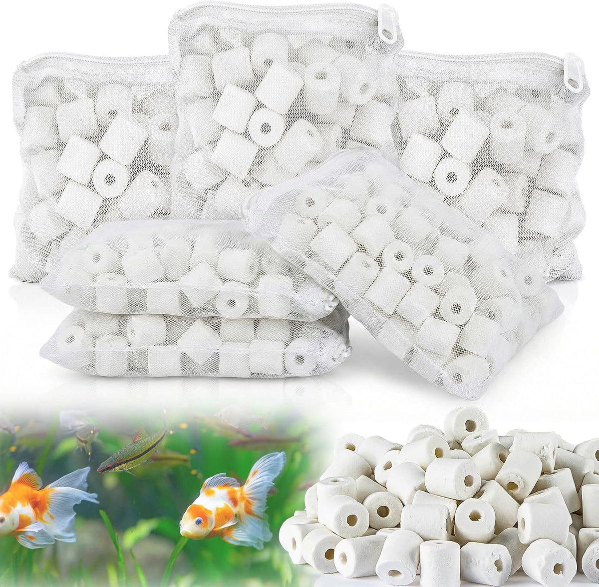 30oz Ceramic Rings for Aquarium Filter - Bio Media with 6 Mesh Bags
