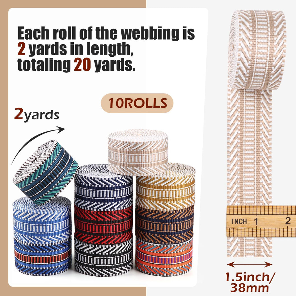 Webbing 1.5 Inch Jacquard Polyester Cotton Webbing 10 Rolls- 1 1/2 inch Nylon Webbing for Bag Straps-1.5" Strapping