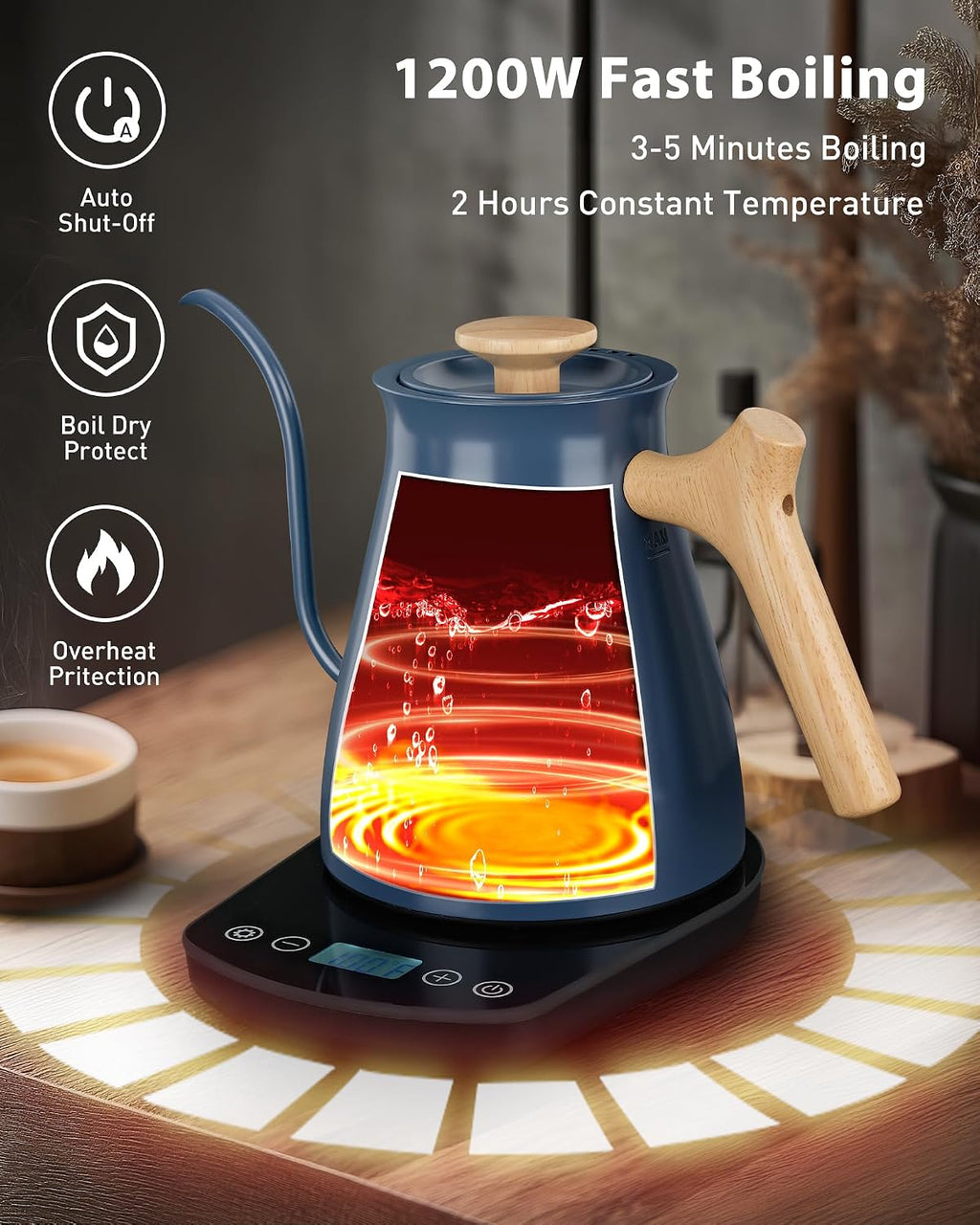 Gooseneck Electric Kettle, 0.8L, 1°F Control, Brew Timer | 120-Min Keep Warm, 104–203°F Control, Built-In Brew Timer