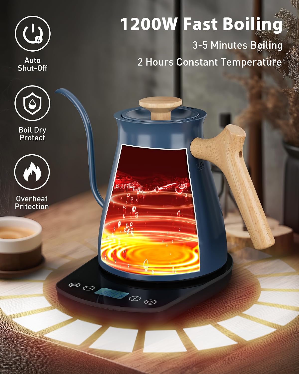 Gooseneck Electric Kettle, 0.8L, 1°F Control, Brew Timer | 120-Min Keep Warm, 104–203°F Control, Built-In Brew Timer