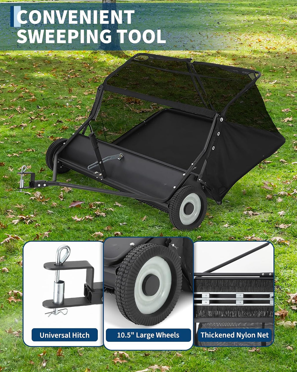 48" Tow Behind Lawn Sweeper, 25 Cu.ft Large Leaf Collector & Grass Catcher with Adjustable Brush Height, Dump from