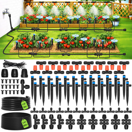 250FT Drip Irrigation System Kit, Quick-Connect Garden Misting Watering System with 1/2” 1/4” Tubing Adjustable