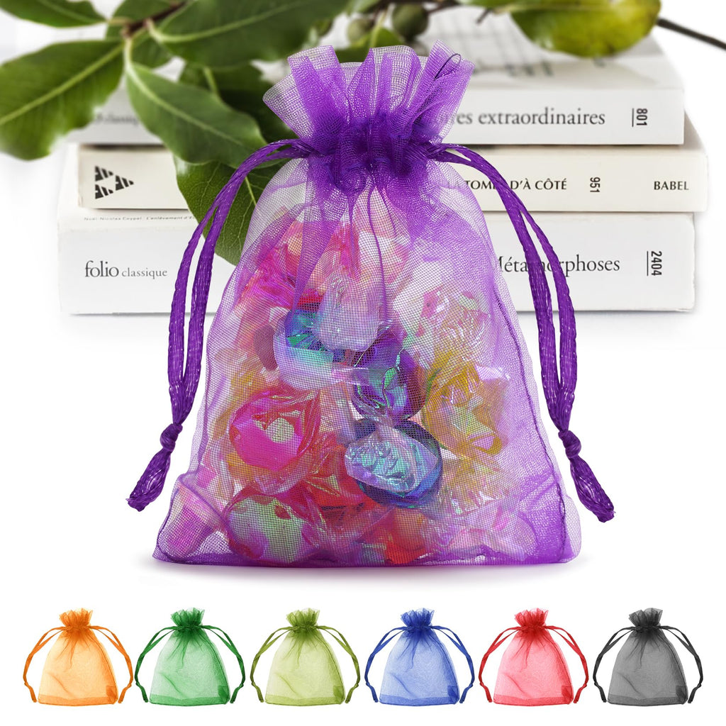 100 Pcs Purple Organza Bags 3×4'', Small Mesh Gift Bag Drawstring