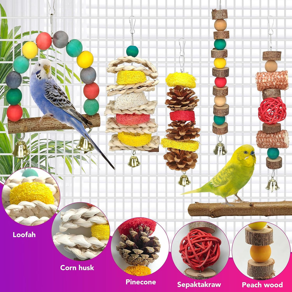 7 Pcs Natural Wood Bird Toy & Perch for Parakeets, Cockatiel & Lovebird, Budgie Play Accessory for Small Parrots