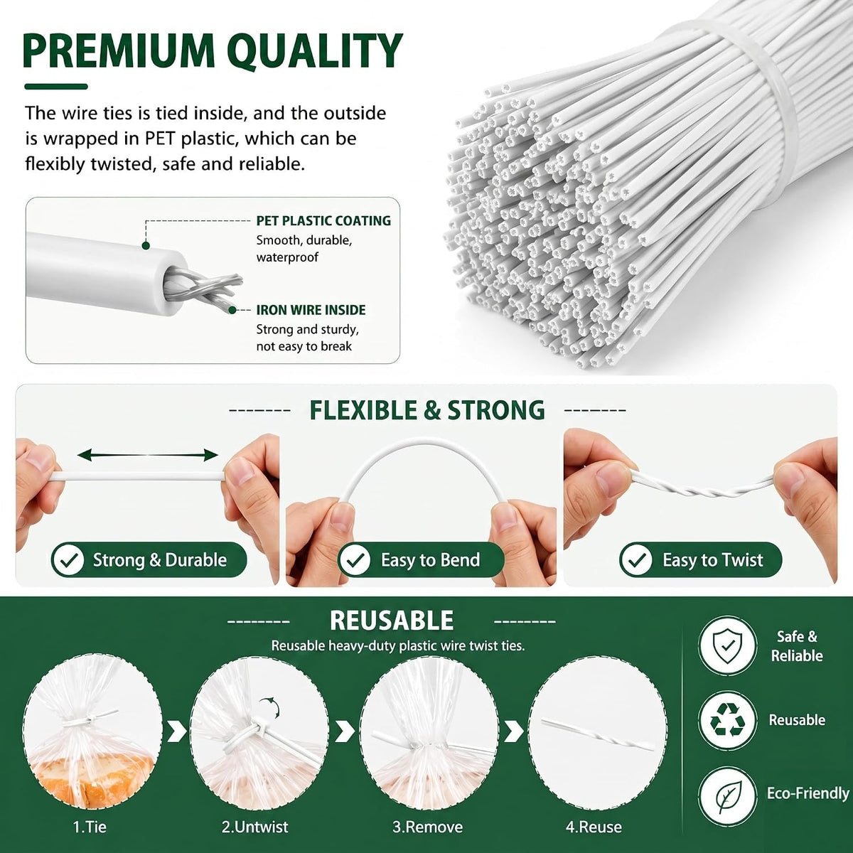 1000pcs 4 Inch Twist Ties - Reusable White Plastic Coated Cable Wire Ties for Bags, Bread,Household and Office