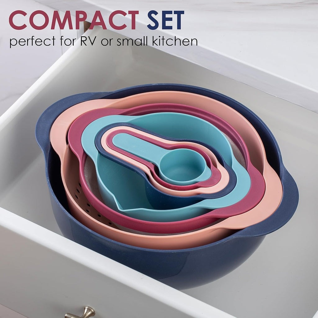 Nesting Bowls with Measuring Cups Colander and Sifter Set - Includes Mixing Bowls, Colander, Sifter and Measuring