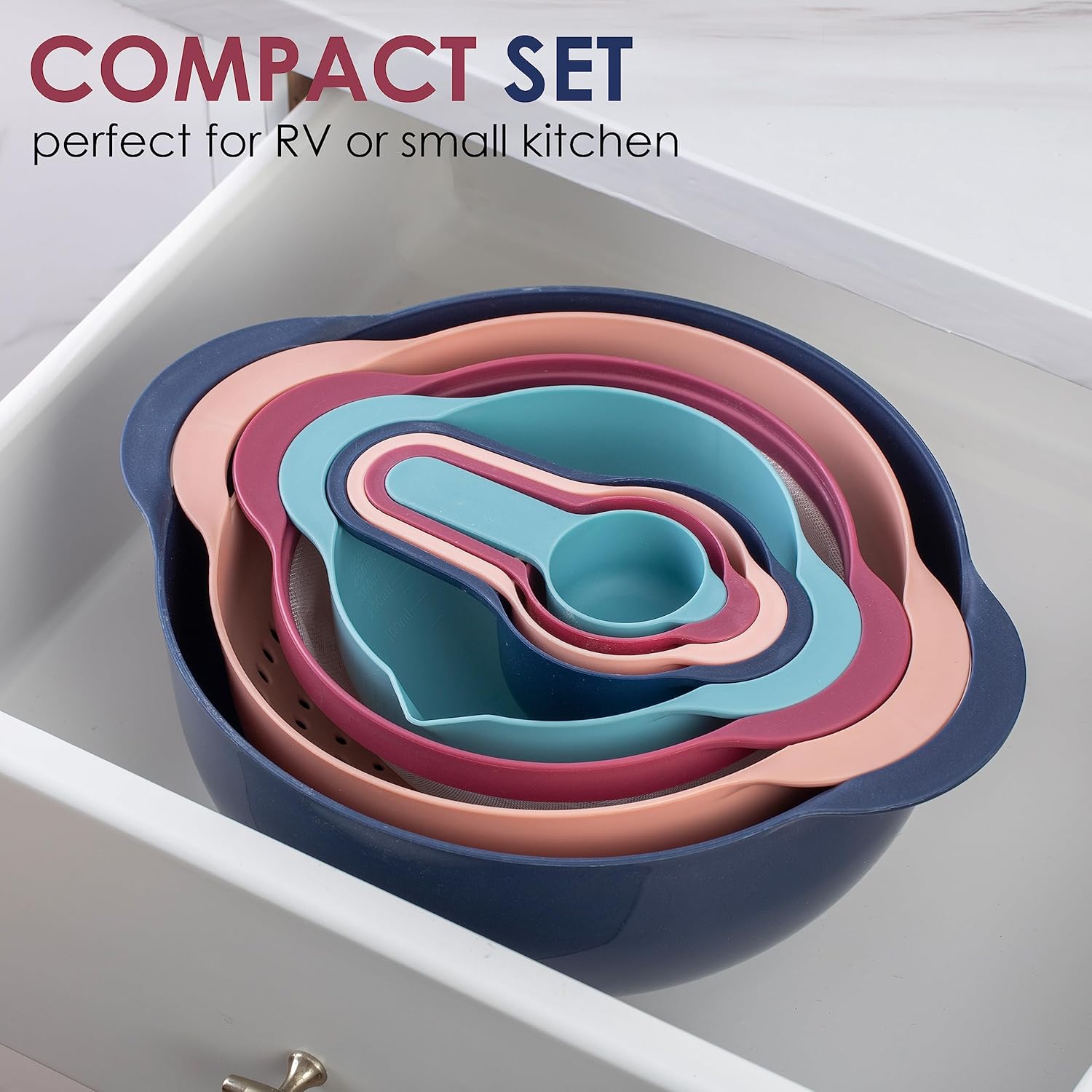 Nesting Bowls with Measuring Cups Colander and Sifter Set - Includes Mixing Bowls, Colander, Sifter and Measuring