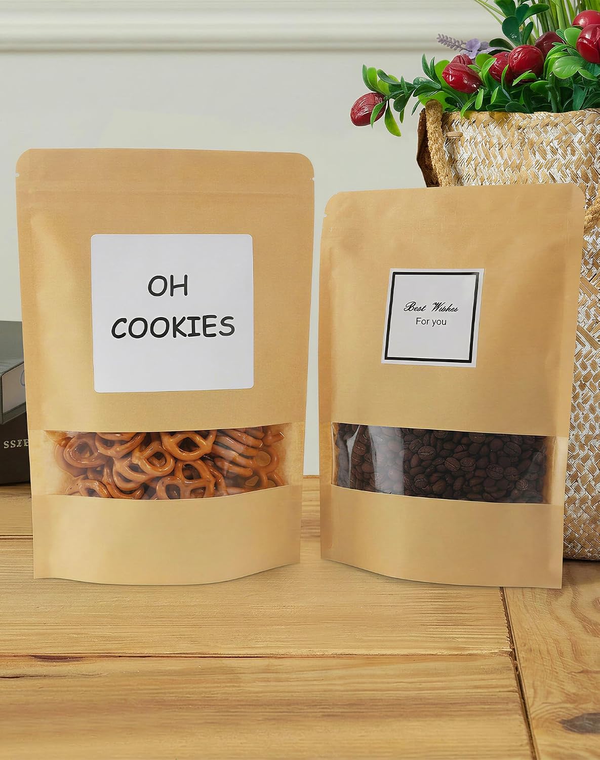 100 Pcs Resealable Paper Bags, Clear Window, Brown, 3.5" x 5.5"