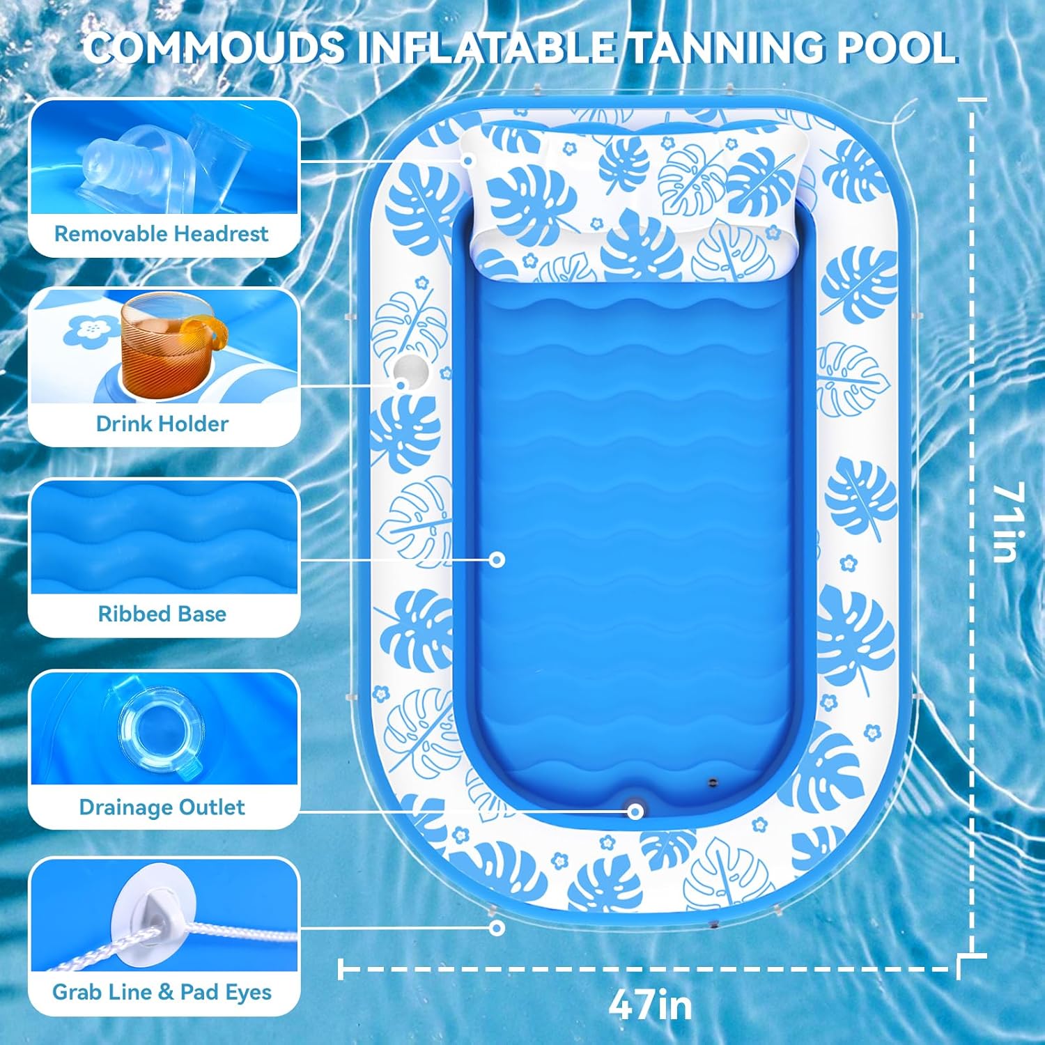 Inflatable Tanning Pool Lounger Float with Cervical Pillow - Pool Floats Adult for Sunbathing, Backyard, Pool Party