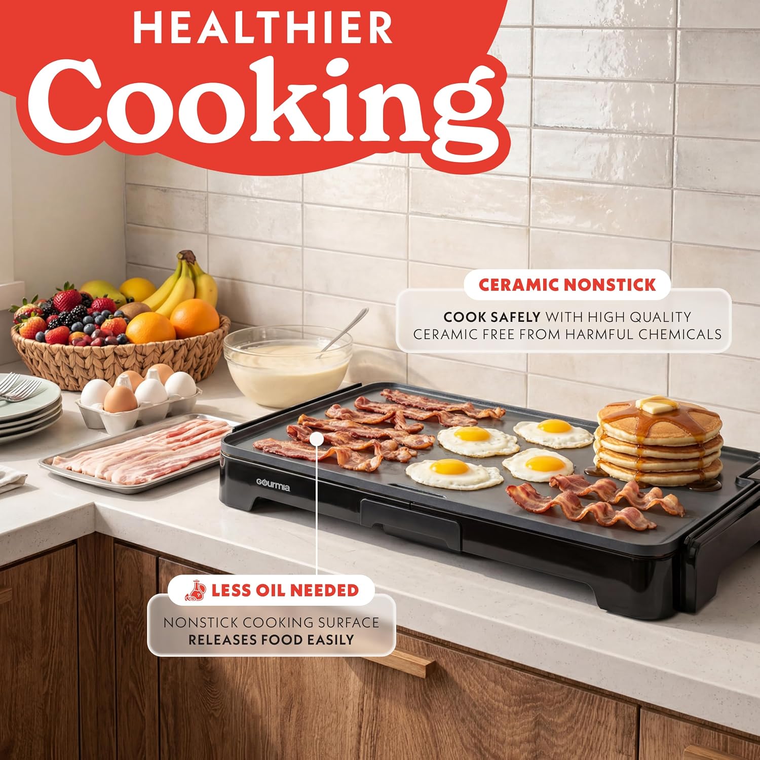 22 Inch XL Electric Griddle Pan - Nonstick Extra Large Flat Top Ceramic Surface, Countertop Cooker, Adjustable