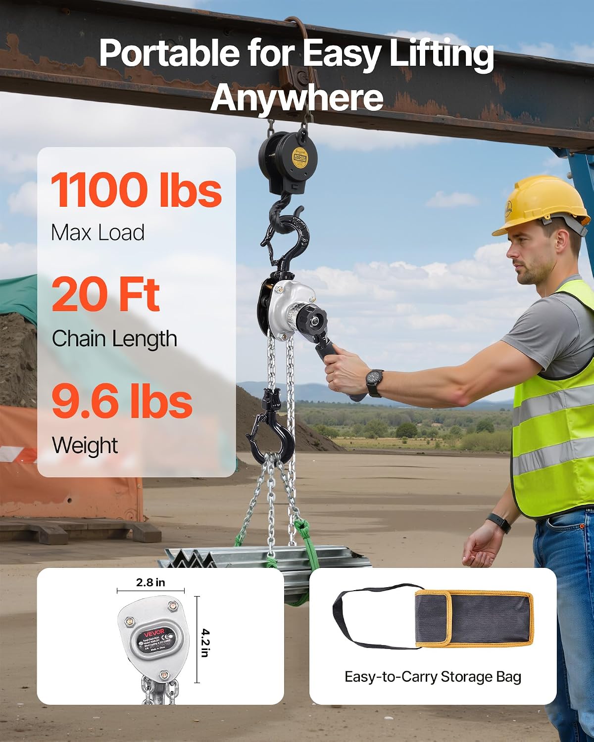 Manual Lever Chain Hoist, 1/2T 1100LBS Capacity Heavy Duty Come Along, 20FT Lift G80 Alloy Steel Chain with Dual Pawl