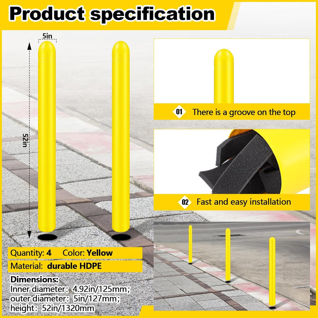 4 Pcs Yellow Bollard Covers for Parking Lot and Warehouse - Heavy Duty HDPE Post Sleeves, Weather Resistant Safety