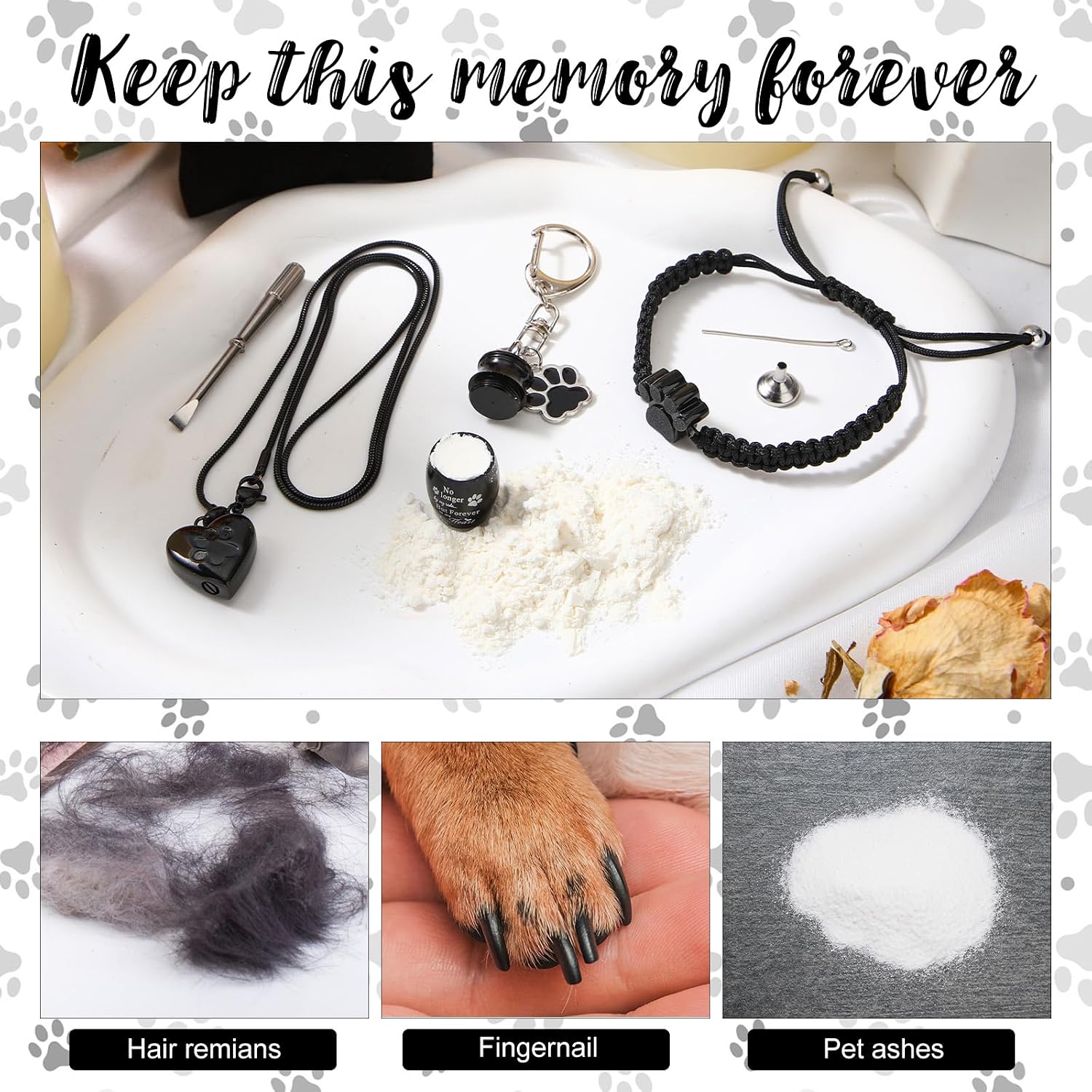 3 Pcs Pet Cremation Jewelry for Ashes Dog Urns Keychain Cat Heart Urn Necklace Paw Print Bracelet Memorial Keepsake