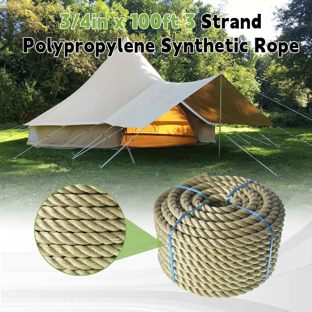 Artificial Manila Rope 3/4 Inch x 100 Feet Twisted 3 Strand Rope