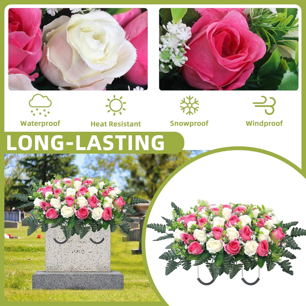 Artificial Cemetery Flowers for Grave,Headstone Flowers Saddle Outdoor Grave Saddle Memorial Silk Roses Flowers for