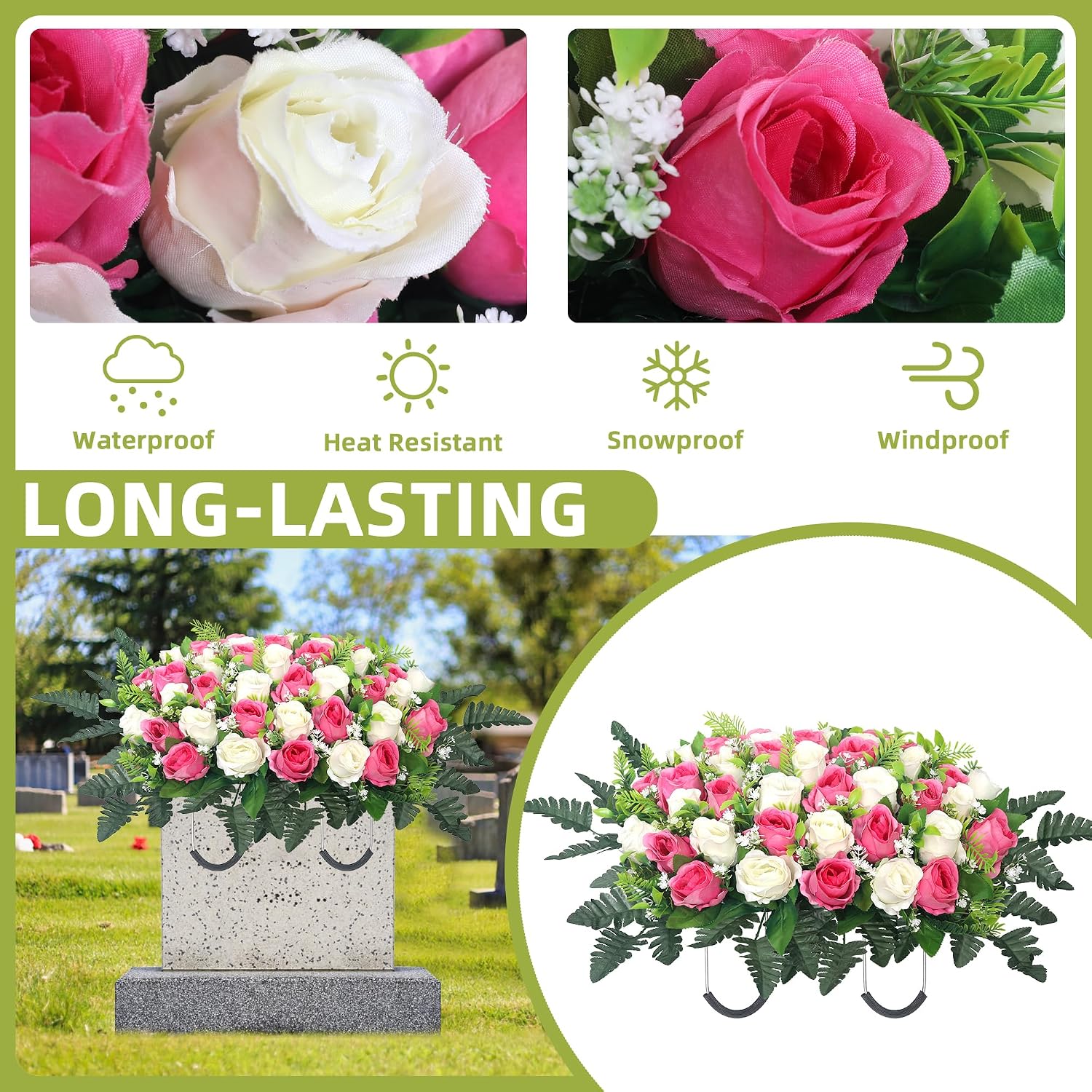 Artificial Cemetery Flowers for Grave,Headstone Flowers Saddle Outdoor Grave Saddle Memorial Silk Roses Flowers for