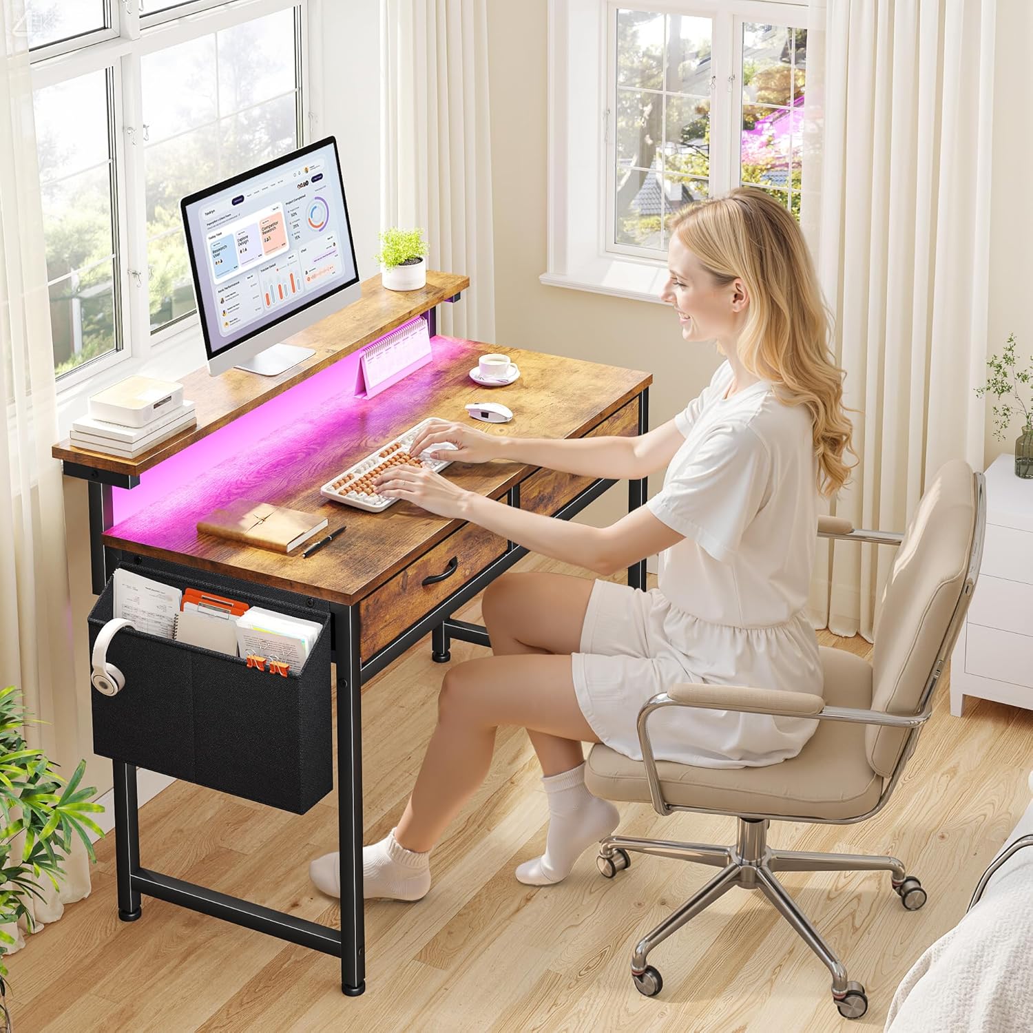 Gaming Desk with LED Lights with 2 Drawers, 31 Inch Desk Home Office Desk Computer Desk with Side Pocket & Ergonomic