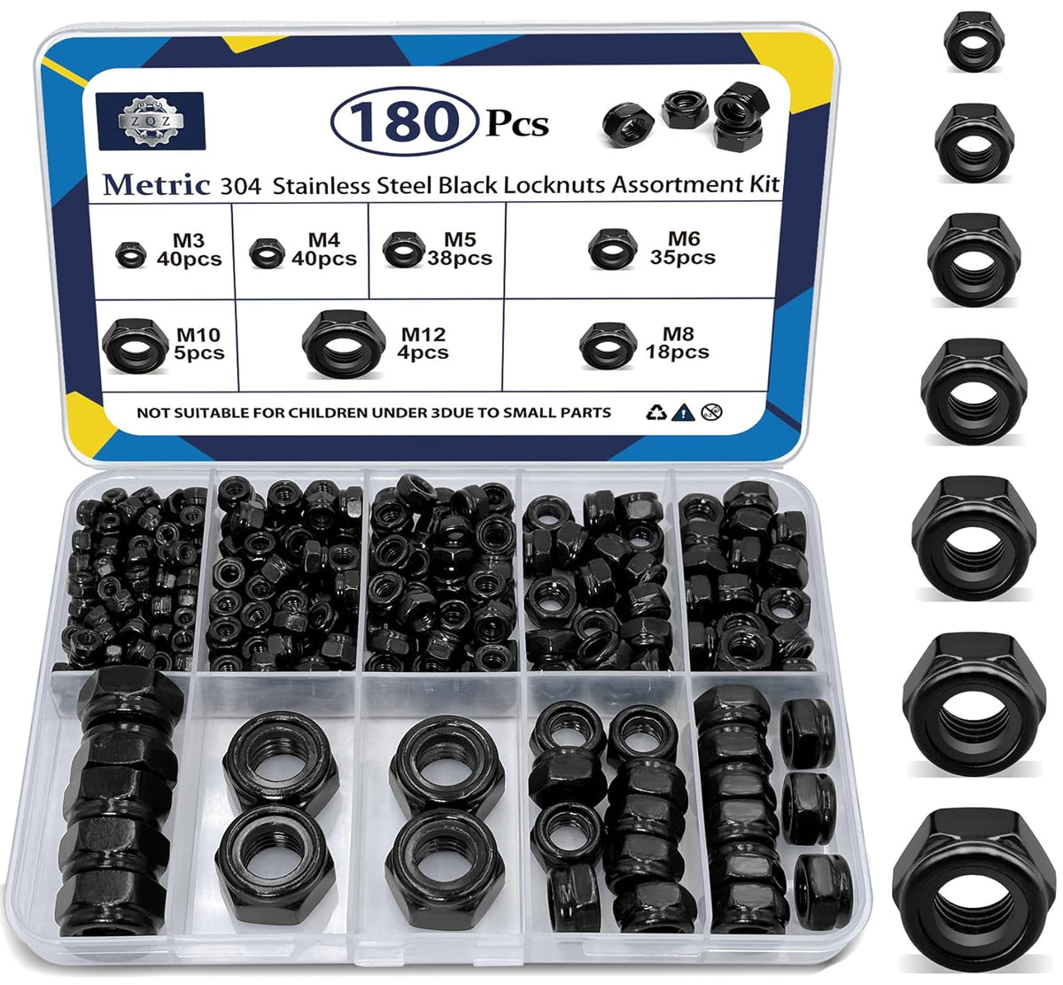 180Pcs Metric Stainless Nylon Lock Nuts Assortment Kit;Black M3-M12 Locknut