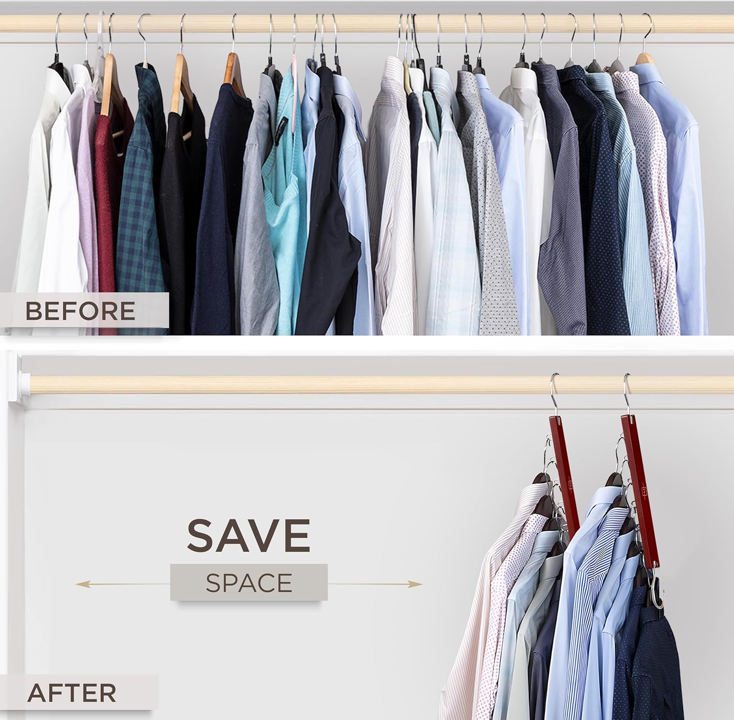 Space Saving Hangers for Closet – 4 Pack European Beechwood 6-Tier Shirt Organizer with 360° Swivel Hook –