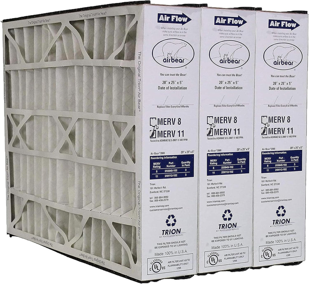 3 Pack Pleated Air Filter, Air Bear MERV 11 for HVAC/Furnace, 20x25x5 in.