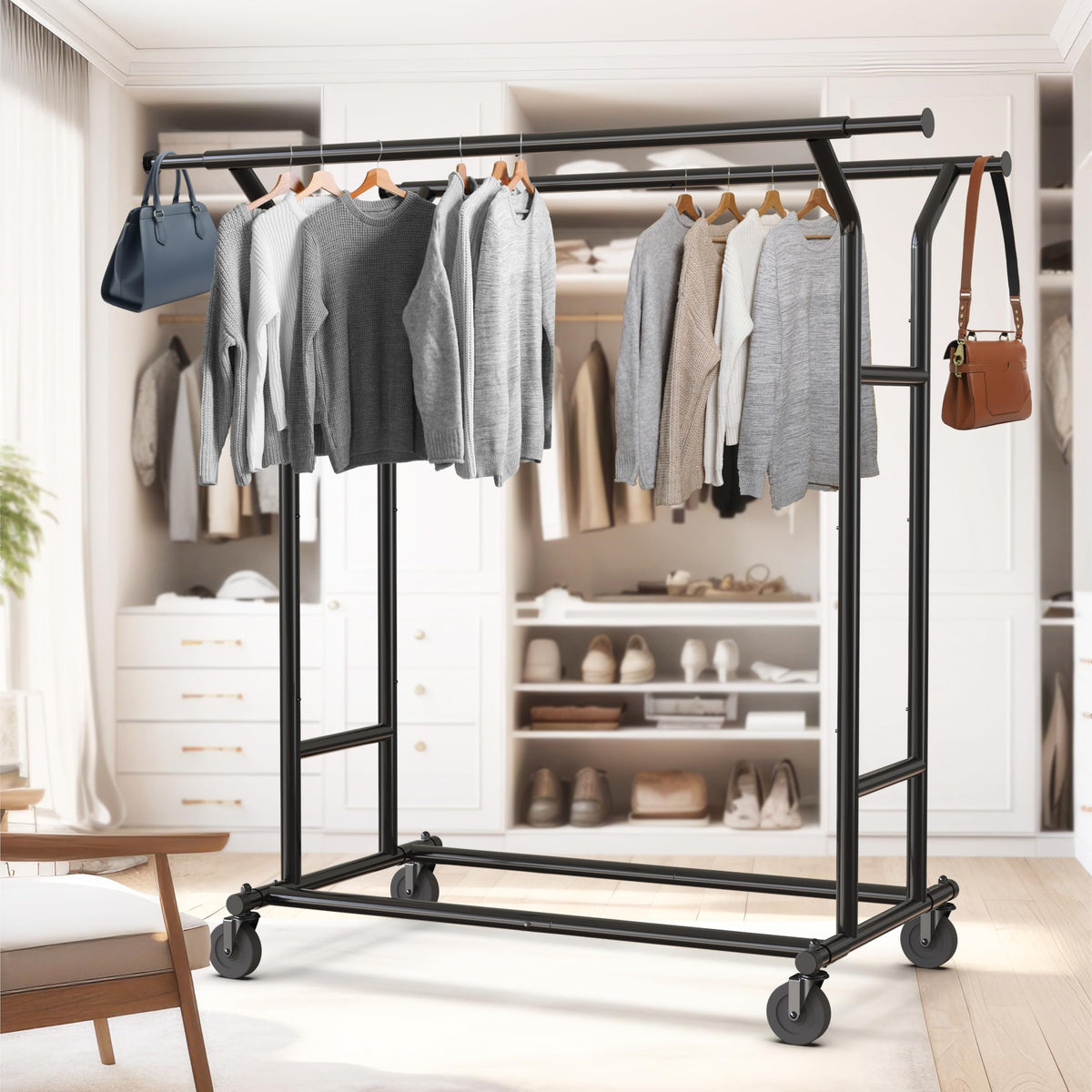 Heavy Duty Double Rail Clothing Garment Rack, Black