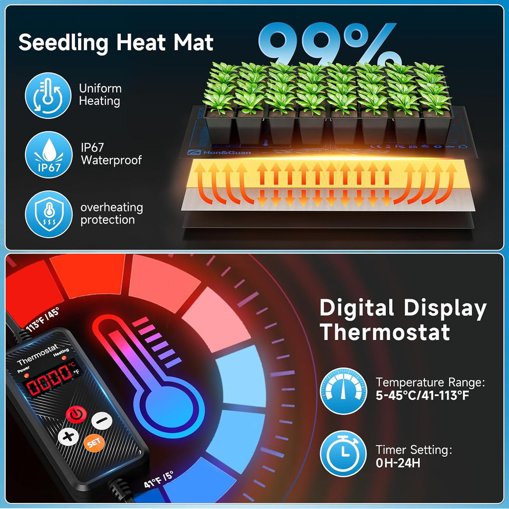 30-Cell Seed Starting Kit with Heat Mat and LED Grow Lights | 30-cell PP seedling tray, 5.3" dome with vents, dual