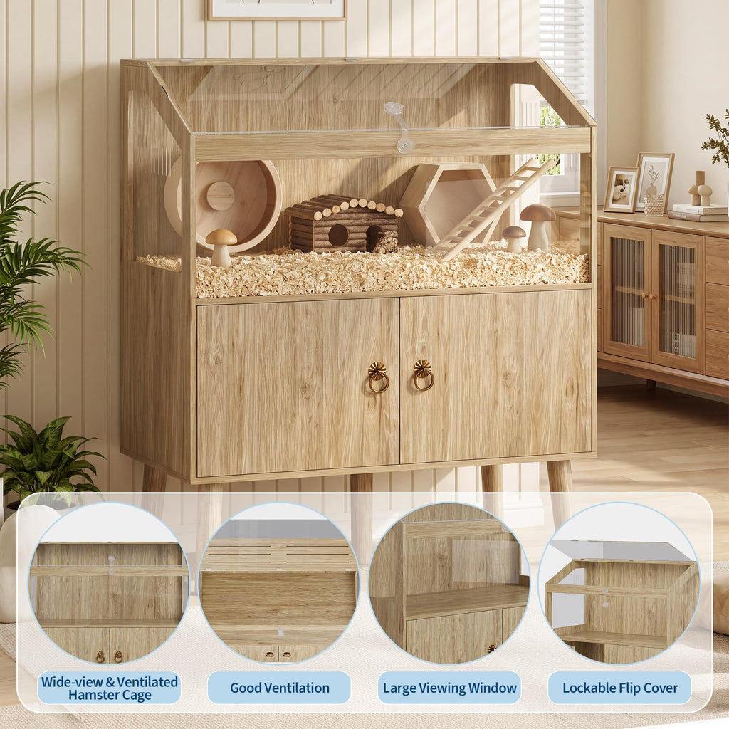 Large Hamster Cage, Acrylic Hedgehog Cage with Storage Cabinet