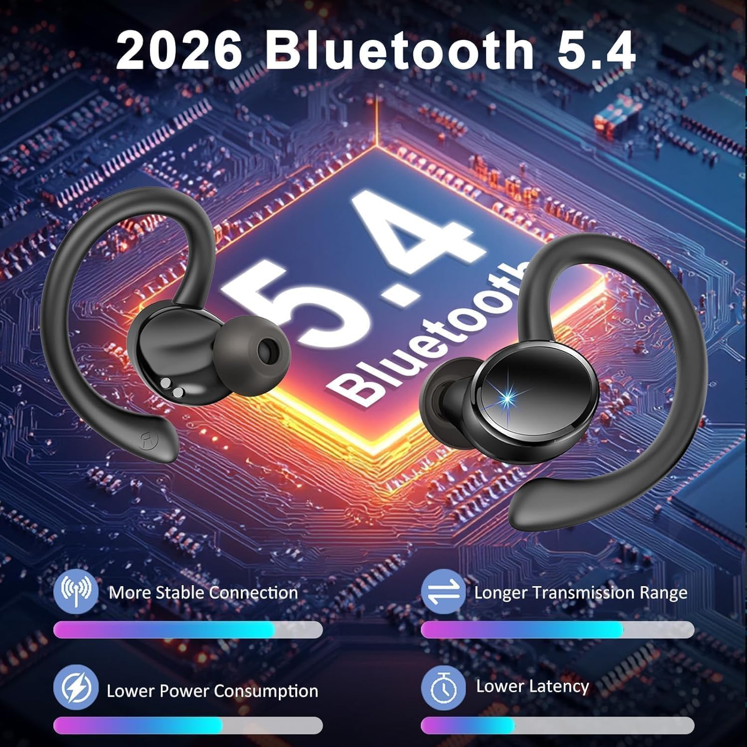 Wireless Earbuds, Bluetooth 5.4 Headphones Sport, 50H Deep Bass Sound Over Ear Buds with 4 ENC Noise Cancelling Mic
