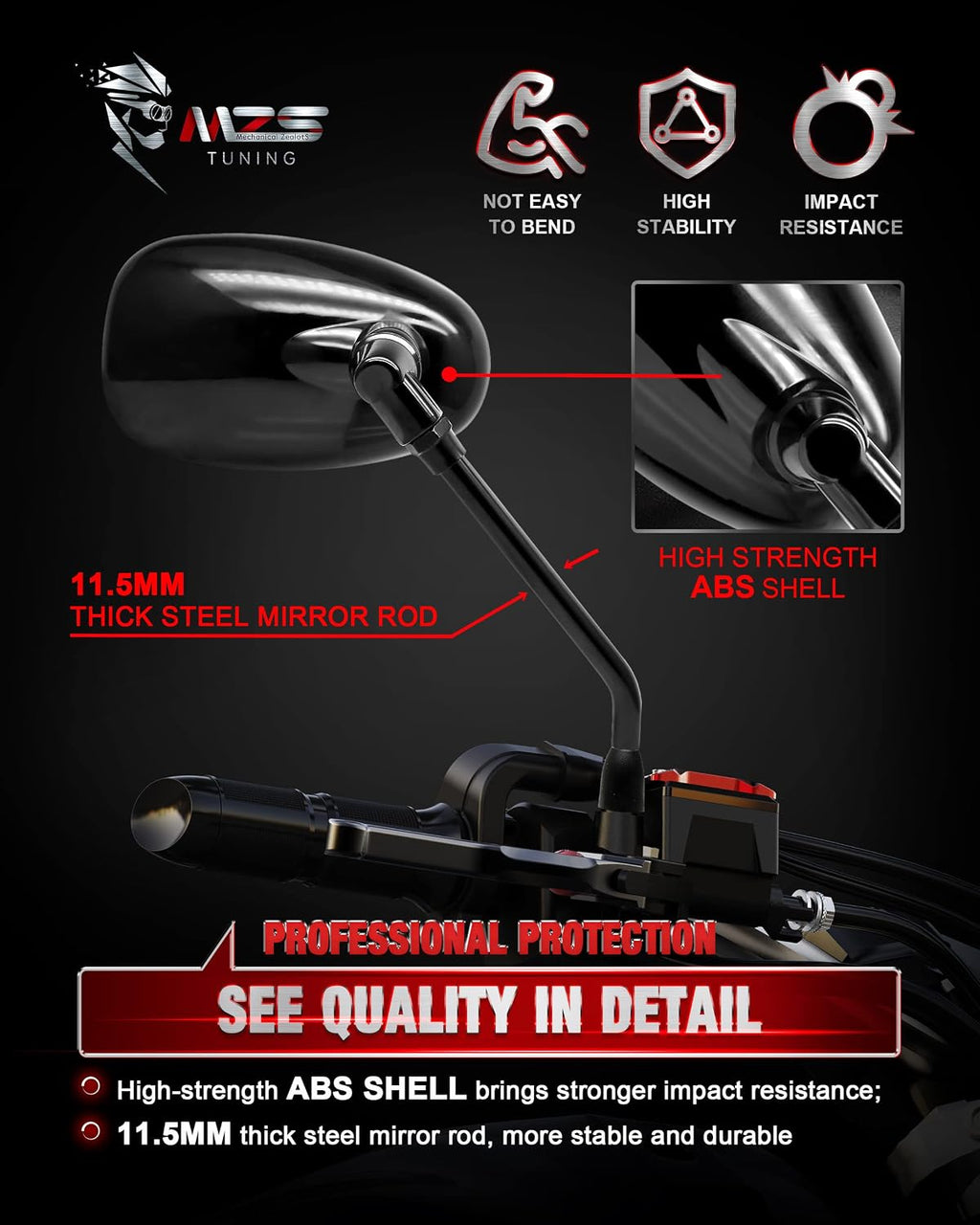 Motorcycle Mirrors 10MM, Universal 360 Degree Adjustable Rear View Side Mirror Handlebar Mount ABS Black Compatible