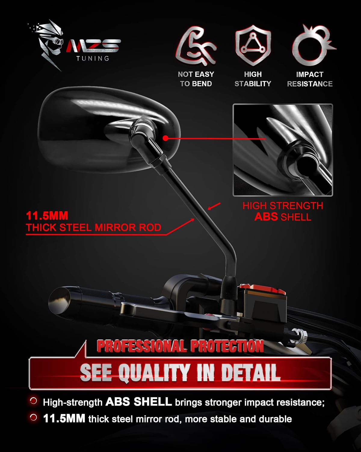 Motorcycle Mirrors 10MM, Universal 360 Degree Adjustable Rear View Side Mirror Handlebar Mount ABS Black Compatible