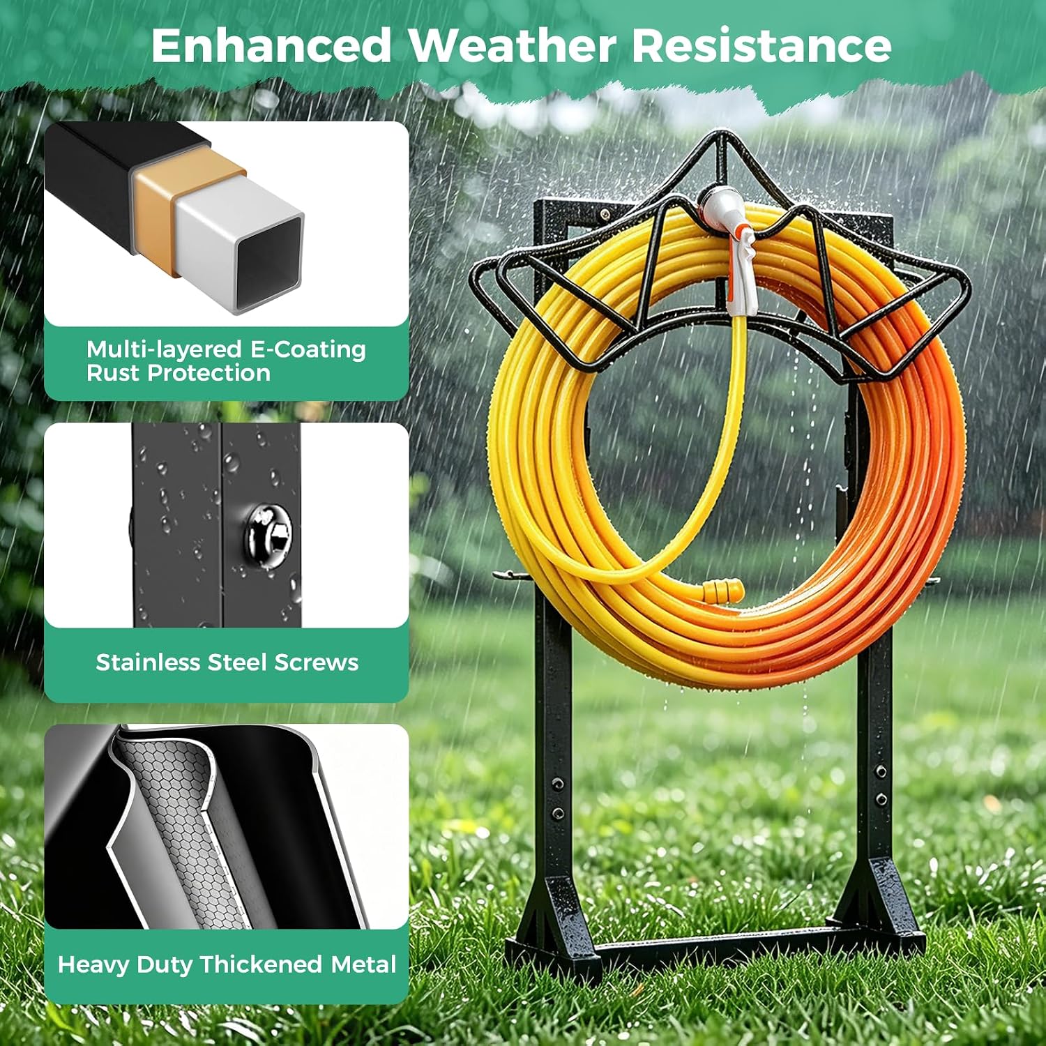 Garden Hose Holder with 2 Tool Hooks Heavy-Duty Water Hose Reel Rustproof | Freestanding Hose Reel Metal Stand Rack