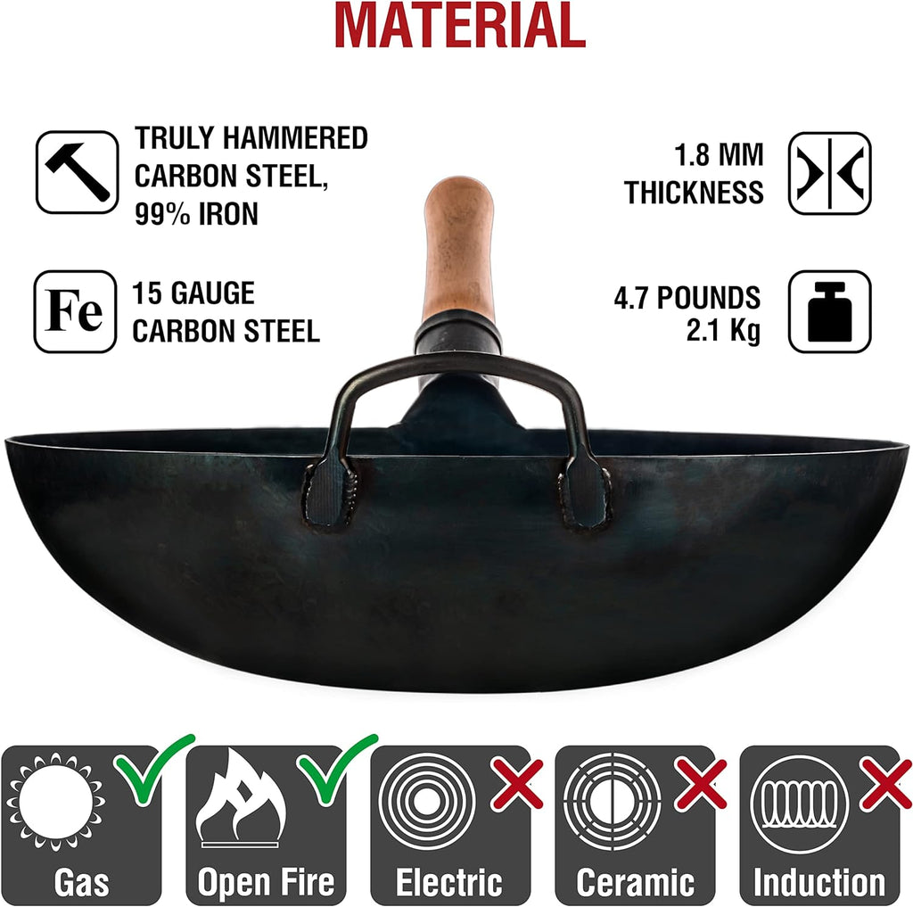 14” Blue Carbon Steel Wok with Round Bottom
