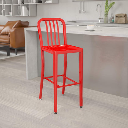 Commercial Grade 30" H Red Metal Indoor-Outdoor Barstool with Slat Back