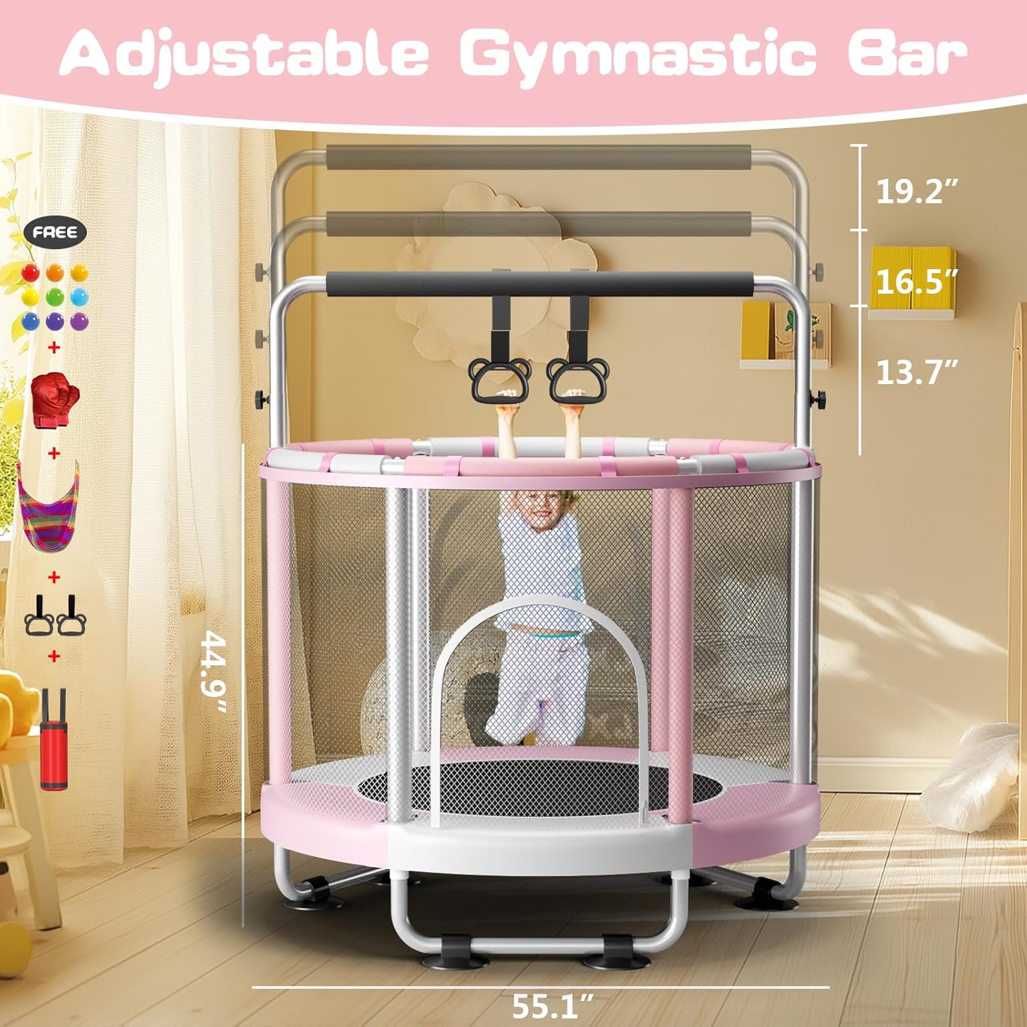 55" Trampoline for Kids with Enclosure, 440lbs Capacity Indoor & Outdoor Toddler Trampoline with Adjustable
