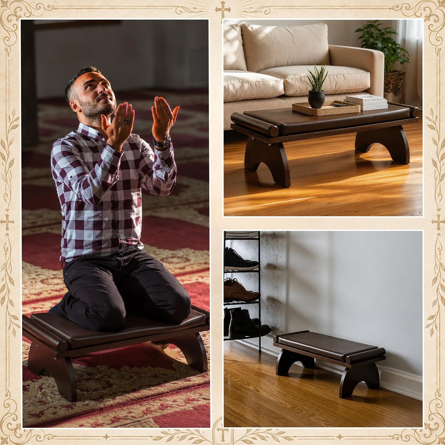 Wooden Prayer Kneeler Bench, Padded Stool for Home and Church