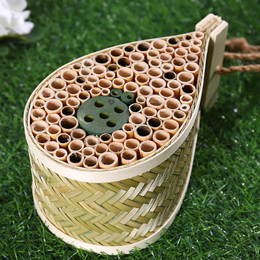 Mason Bee House, Pollinating Palace，Hanging Wooden bee House Habitat with Bamboo Tubes for The Garden and Yard Bee