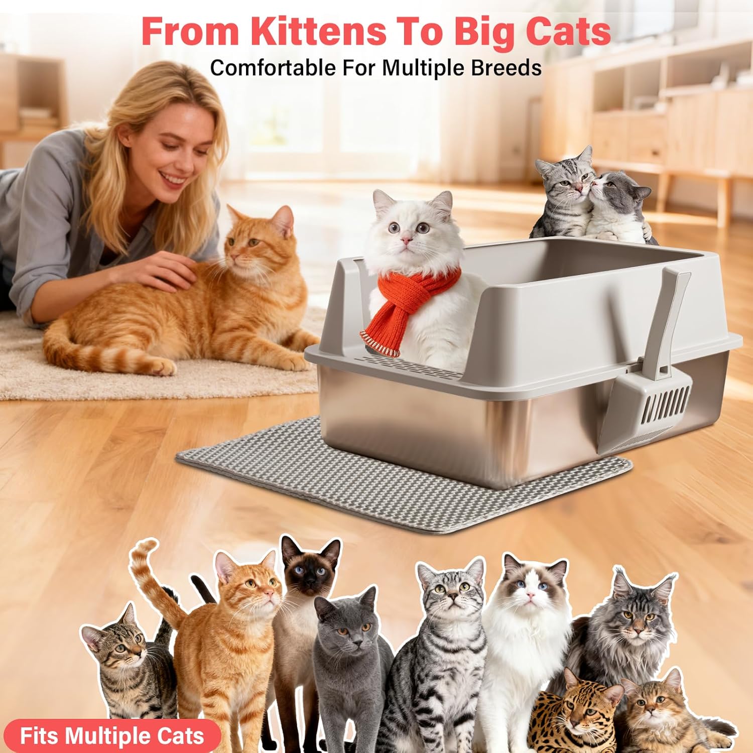 Stainless Steel Litter Box for Kittens, Senior and Big Cats, Extra Large Metal Litter Box with High Sides Lid, Leak