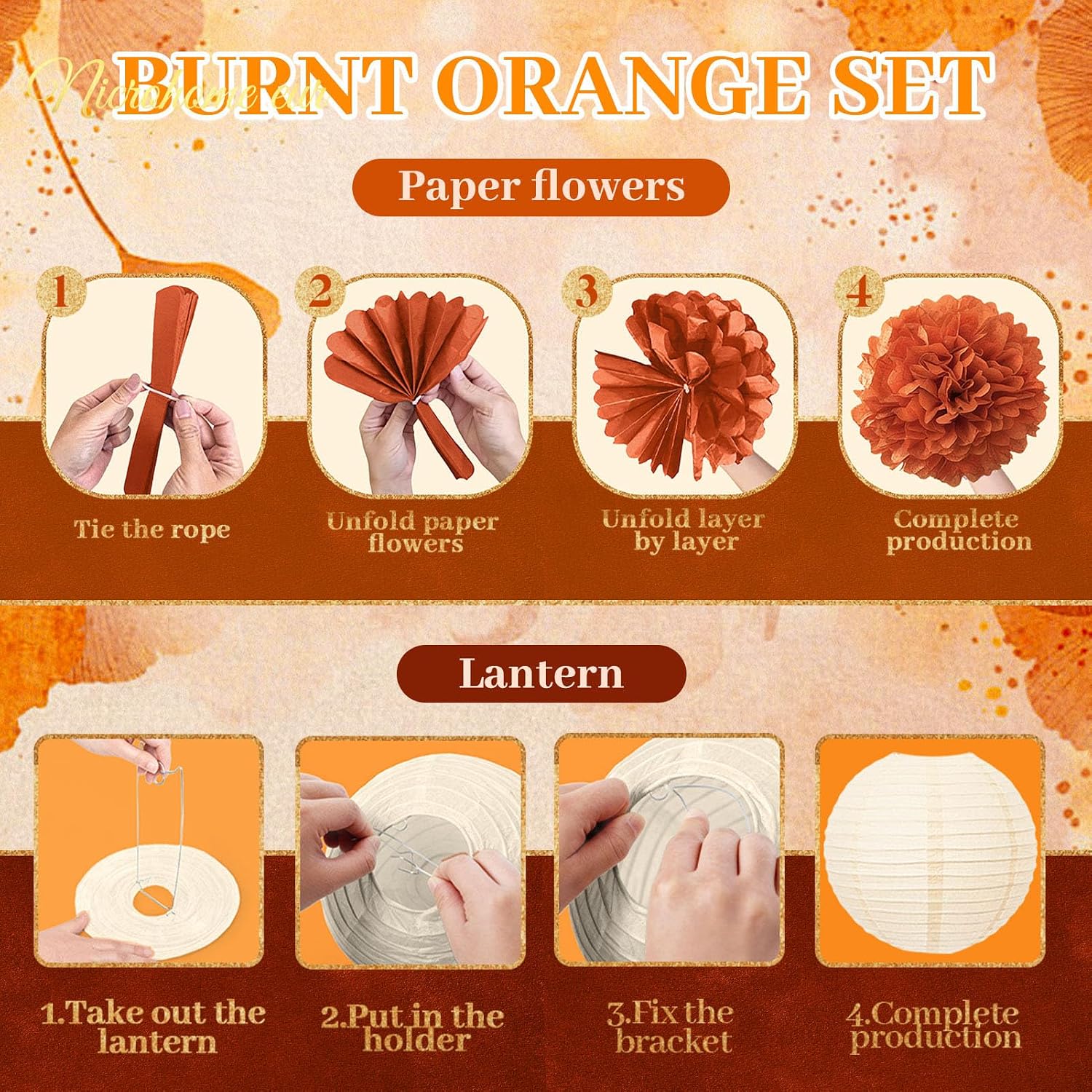 Fall Thanksgiving Decor with Pom Poms Lanterns Fans Garlands | 21PCS burnt orange burgundy tissue paper decorations