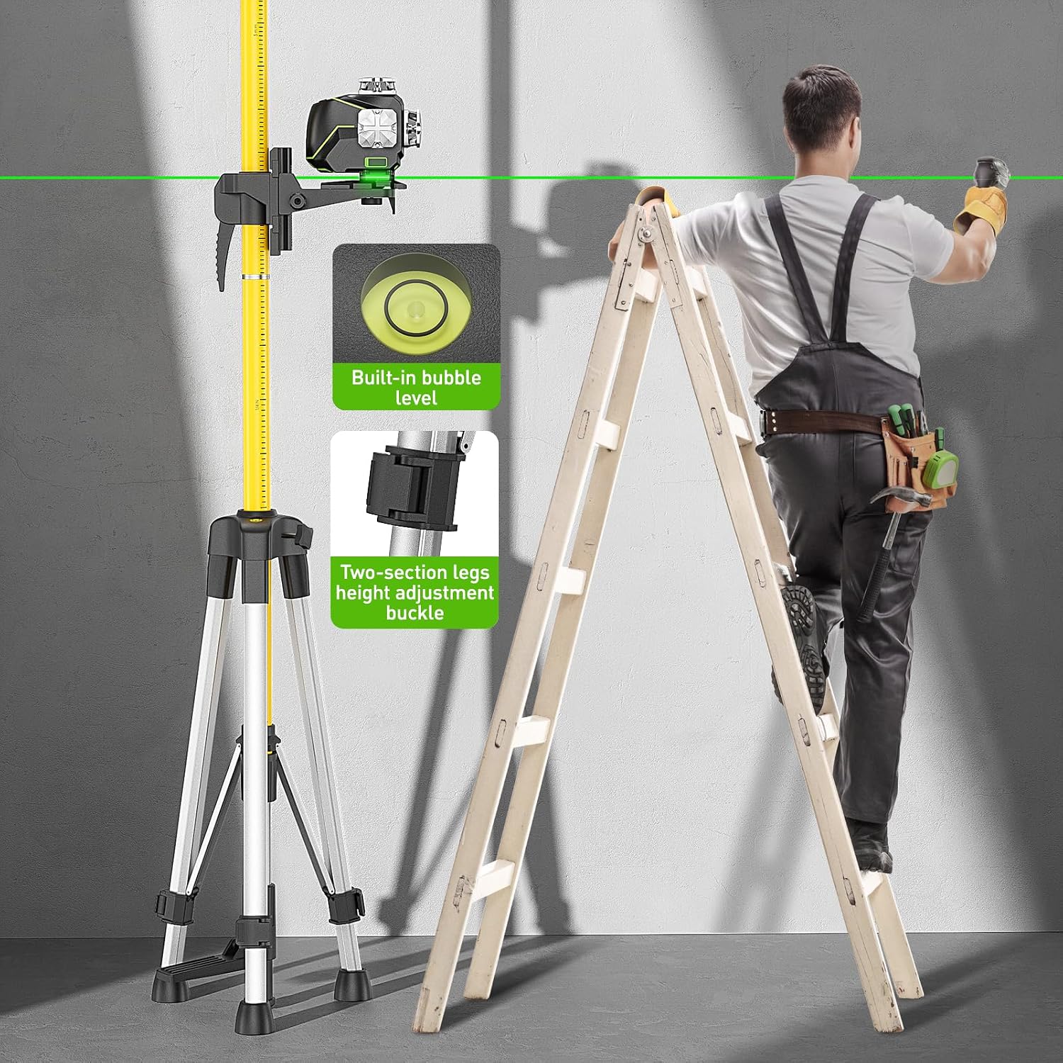 12 Ft./3.7M Professional Laser Level Pole with Tripod and 1/4-Inch by 20-Inch Laser Mount for Rotary and Line Lasers