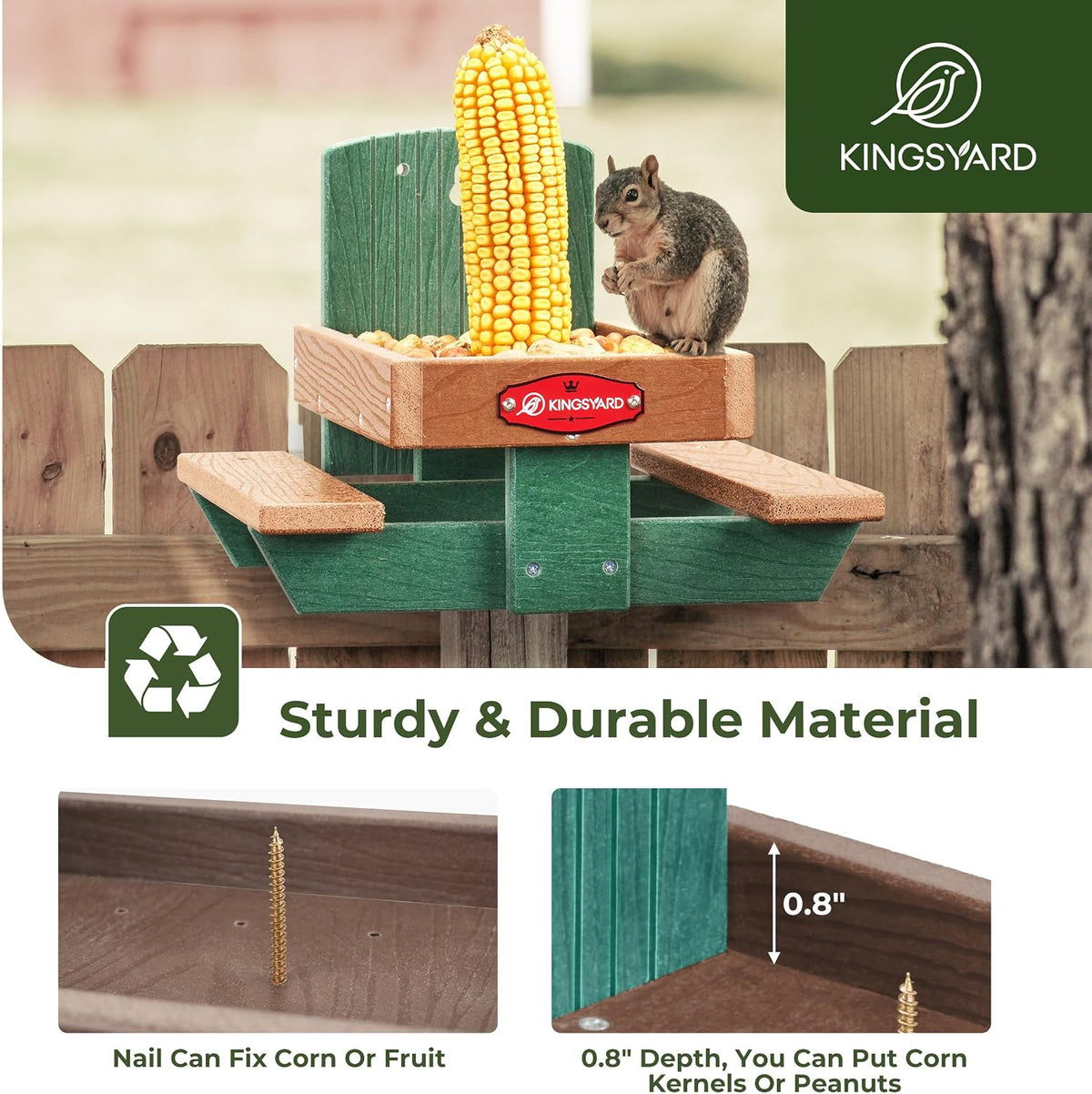 Squirrel Feeder Table for Outside, Recycled Plastic Squirrel & Chipmunk Picnic Table Feeder with Corn Cob Holder, 2 x