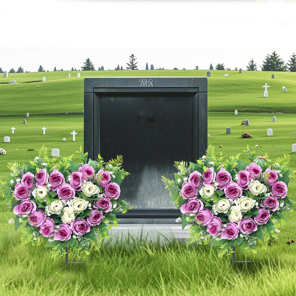2 Sets Artificial Cemetery Flowers, Grave Memorial Flowers with Ground Spike,Heart Shaped Wreaths Rose Flowers for